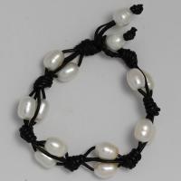 White Pearl, Black Leather Bracelet